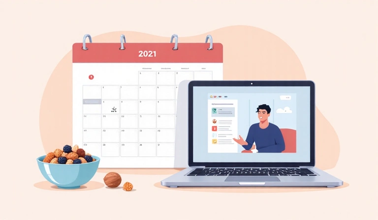 Calendario con una data segnata, un laptop e snack sani, che simboleggiano la prenotazione online e la salute