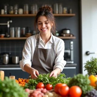 Donna che cucina felicemente cibi sani e colorati